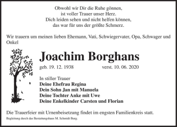 Traueranzeige von Joachim Borghans  von Magdeburger Volksstimme