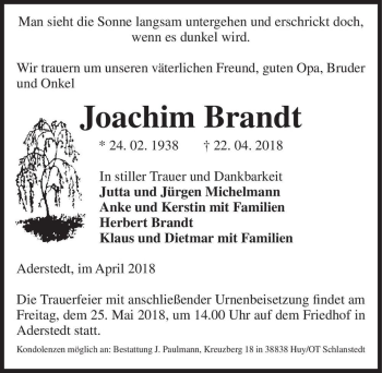 Traueranzeige von Joachim Brandt  von Magdeburger Volksstimme