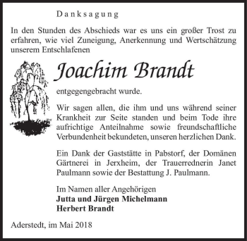 Traueranzeige von Joachim Brandt  von Magdeburger Volksstimme