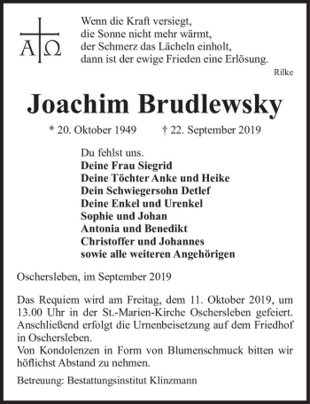 Traueranzeige von Joachim Brudlewski  von Magdeburger Volksstimme