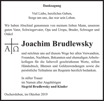 Traueranzeige von Joachim Brudlewsky  von Magdeburger Volksstimme