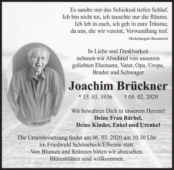 Traueranzeige von Joachim Brückner  von Magdeburger Volksstimme