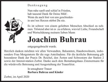 Traueranzeige von Joachim Buhrau  von Magdeburger Volksstimme