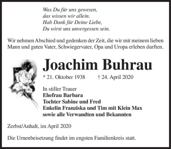 Traueranzeige von Joachim Buhrau  von Magdeburger Volksstimme