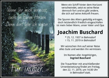Traueranzeige von Joachim Buschard  von Magdeburger Volksstimme