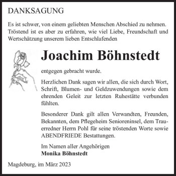 Traueranzeige von Joachim Böhnstedt  von Magdeburger Volksstimme