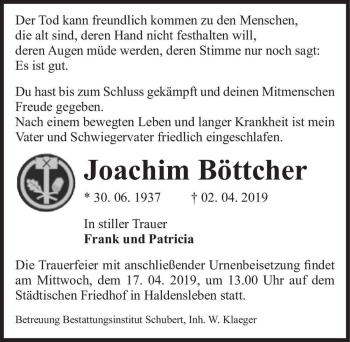 Traueranzeige von Joachim Böttcher  von Magdeburger Volksstimme