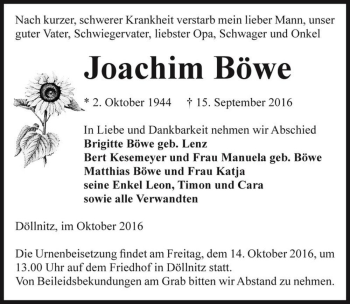 Traueranzeige von Joachim Böwe  von Magdeburger Volksstimme