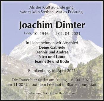 Traueranzeige von Joachim Dimter  von Magdeburger Volksstimme