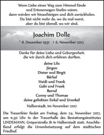 Traueranzeige von Joachim Doll  von Magdeburger Volksstimme