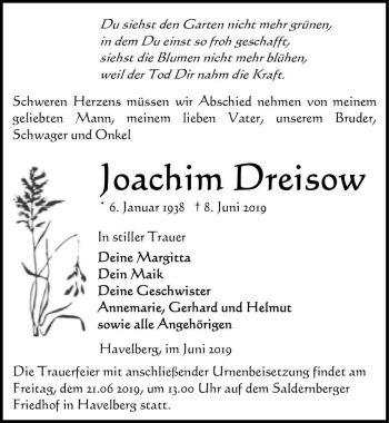 Traueranzeige von Joachim Dreisow  von Magdeburger Volksstimme