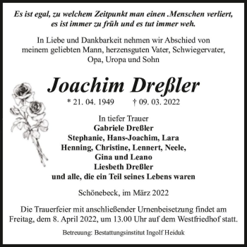 Traueranzeige von Joachim Dreßler  von Magdeburger Volksstimme