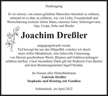 Traueranzeige von Joachim Dreßler  von Magdeburger Volksstimme