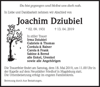 Traueranzeige von Joachim Dziubiel  von Magdeburger Volksstimme