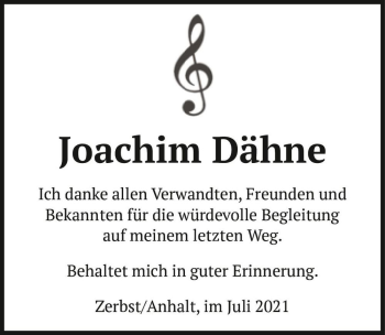 Traueranzeige von Joachim Dähne  von Magdeburger Volksstimme