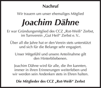 Traueranzeige von Joachim Dähne  von Magdeburger Volksstimme