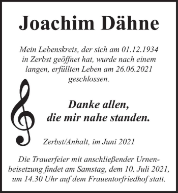 Traueranzeige von Joachim Dähne  von Magdeburger Volksstimme