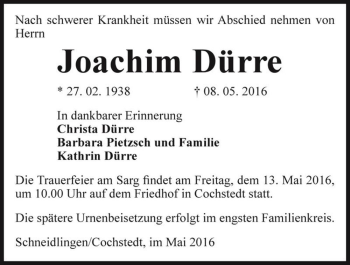 Traueranzeige von Joachim Dürre  von Magdeburger Volksstimme