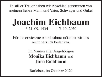 Traueranzeige von Joachim Eichbaum  von Magdeburger Volksstimme