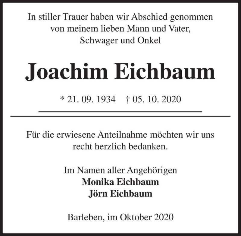 Traueranzeige für Joachim Eichbaum  vom 24.10.2020 aus Magdeburger Volksstimme
