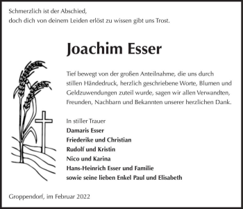 Traueranzeige von Joachim Esser  von Magdeburger Volksstimme