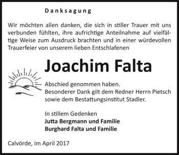 Traueranzeige von Joachim Falta  von Magdeburger Volksstimme