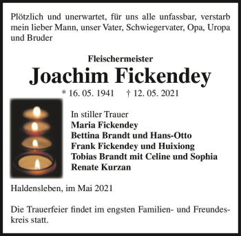 Traueranzeige von Joachim Fickendey  von Magdeburger Volksstimme