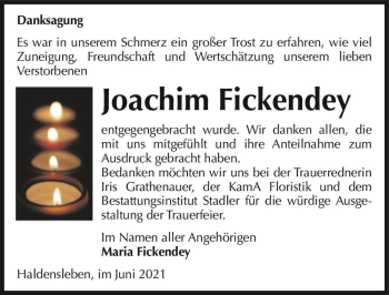 Traueranzeige von Joachim Fickendey  von Magdeburger Volksstimme