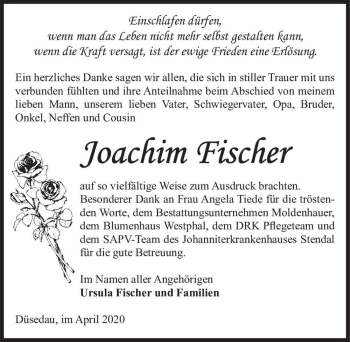 Traueranzeige von Joachim Fischer  von Magdeburger Volksstimme