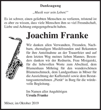Traueranzeige von Joachim Franke  von Magdeburger Volksstimme