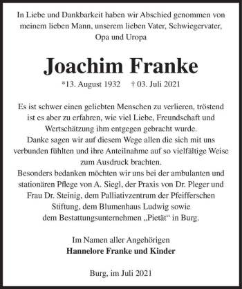Traueranzeige von Joachim Franke  von Magdeburger Volksstimme