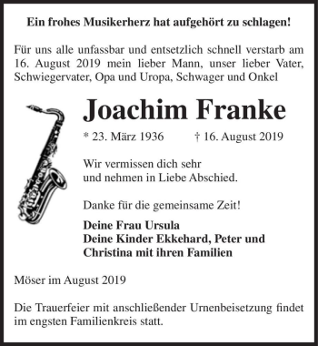 Traueranzeige von Joachim Franke  von Magdeburger Volksstimme
