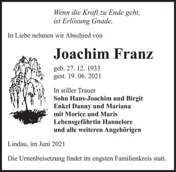 Traueranzeige von Joachim Franz  von Magdeburger Volksstimme