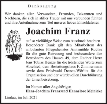 Traueranzeige von Joachim Franz  von Magdeburger Volksstimme