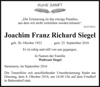 Traueranzeige von Joachim Franz Richard Siegel  von Magdeburger Volksstimme