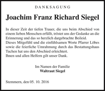 Traueranzeige von Joachim Franz Richard Siegel  von Magdeburger Volksstimme