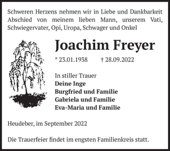 Traueranzeige von Joachim Freyer  von Magdeburger Volksstimme