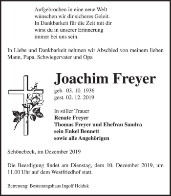 Traueranzeige von Joachim Freyer  von Magdeburger Volksstimme