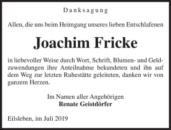 Traueranzeige von Joachim Fricke  von Magdeburger Volksstimme