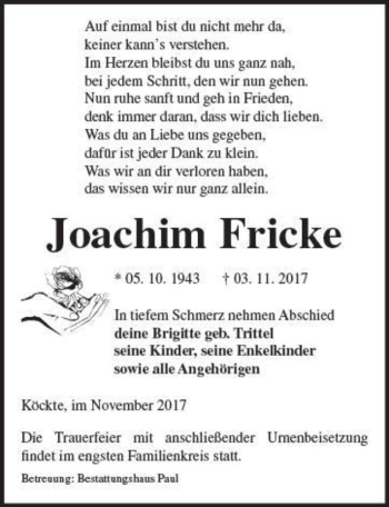 Traueranzeige von Joachim Fricke  von Magdeburger Volksstimme