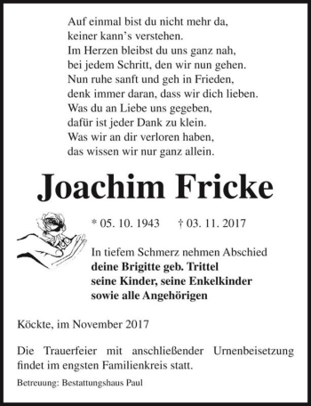 Traueranzeige von Joachim Fricke  von Magdeburger Volksstimme