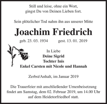 Traueranzeige von Joachim Friedrich  von Magdeburger Volksstimme