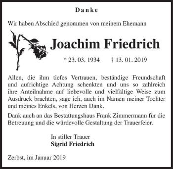 Traueranzeige von Joachim Friedrich  von Magdeburger Volksstimme
