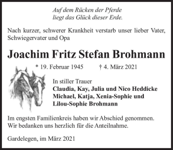 Traueranzeige von Joachim Fritz Stefan Brohmann  von Magdeburger Volksstimme