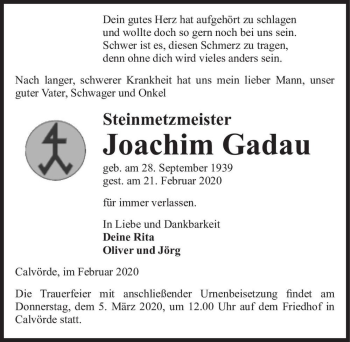 Traueranzeige von Joachim Gadau  von Magdeburger Volksstimme