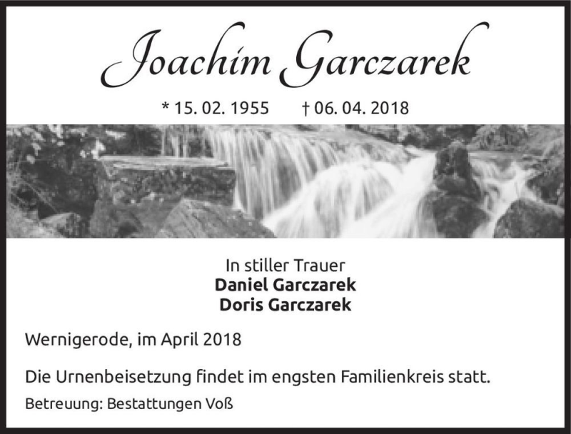  Traueranzeige für Joachim Garczarek  vom 28.04.2018 aus Magdeburger Volksstimme