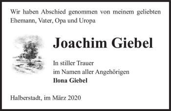 Traueranzeige von Joachim Giebel  von Magdeburger Volksstimme