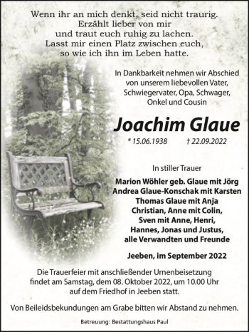 Traueranzeige von Joachim Glaue  von Magdeburger Volksstimme