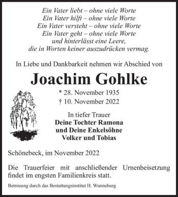Traueranzeige von Joachim Gohlke  von Magdeburger Volksstimme