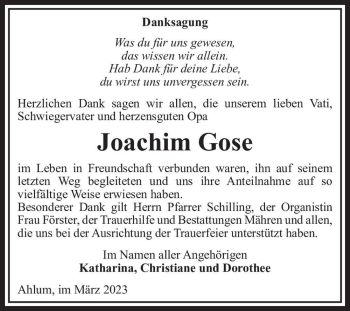 Traueranzeige von Joachim Gose  von Magdeburger Volksstimme